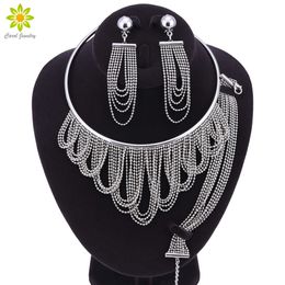 Vintage Chokers Jewellery Sets For Women Tassel Necklace Earrings Bracelet Silver Colour Wedding Bijoux Accessories H1022