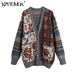 KPYTOMOA Women Fashion Loose Jacquard Knitted Cardigan Sweater Vintage Long Sleeve Pockets Female Outerwear Chic Tops 211120