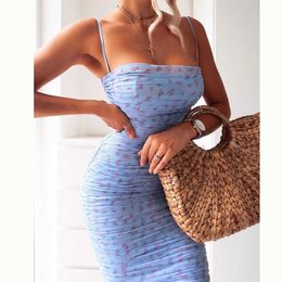 NewAsia Mesh Women DrSummer 2020 Spaghetti Straps Knee-length Elegant DrSlim Fit Floral Print Ruched Dresses Blue X0529