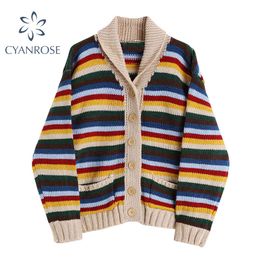 Rainbow Striped Sweater Women Spring Long Sleeve Cardigan Retro Casual Korean Pocket Ins E-Girl Lapel Knitwear And Knittd Tops 210417