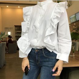 Women's Blouses & Shirts Solid Stand Collar Vintage Fall Women Elegant Flounced Edge Pachwork Tops Single Breasted Designed Autumn 2021