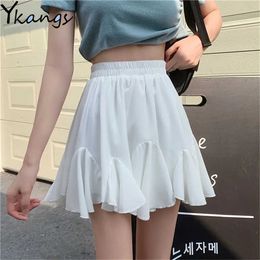 Casual Irregular Ruffled High Waist Mini Skirt Women Solid White All-Match Short Skirts Harajuku Summer Korean Pleated Skirt 210619