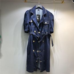 Summer Blue French Temperament Elegant Lapel Double Breasted Tooling Suit Collar Denim Sashes Dress Women 16W958 210510