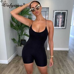 Colysmo Spaghetti Straps Sexy Playsuit Casual Summer Sleeveless Backless Fitness Playsuits Solid Bodycon Romper Sheer Jumpsuit 210527