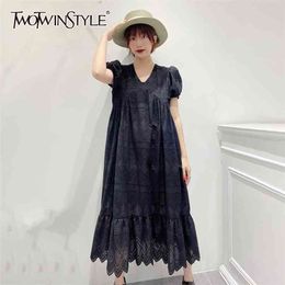 Black Casual Dress For Women V Neck Puff Short Sleeve High Waist Pleated Solid Dresses Female Summer Style 210520