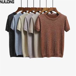 NIJIUDING Summer Knitted T Shirt Top Tees Short Sleeve Solid O-neck T-Shirts Fashion Slim Knitwear T-shirt Dropshipping 210406