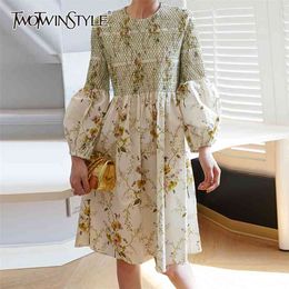 Casual Print Dress For Women O Neck Lantern Long Sleeve High Waist Ruched Midi Dresses Female Korean Spring Fashion 210520