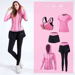 Running Women 5 Pieces Set Quick Dry Yoga Sportswear Clothing Fitness Gym Tracksuit High Waist Pants+Shorts+Bra+T Shirt+Coats 210802