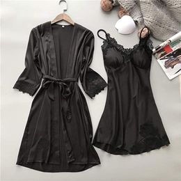 Women's Sleepwear Lingerie Women Silk Lace Robe Dress Babydoll Nightdress Kimono Set FFT