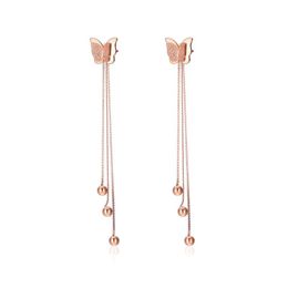 Fashion Lady Rose Gold Stainless Steel Earrings Butterflies Long Lines Jewellery For Women Girl Gift JE17093 Dangle & Chandelier