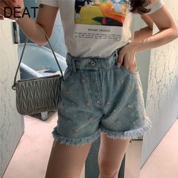 {DEAT} Women Blue Embroidery Hole Pockets Wide Leg Shorts High Waist Loose Fit Trousers Fashion Tide Summer 7E0098 210421