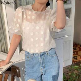 Women Shirt Summer Korean Chic Gentle Blouse 3D Embroidered Flowers Puff Sleeve Blusas See-through with Sling Tops 210519