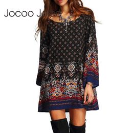 Jocoo Jolee Vintage Ethnic Chiffon Dress Casual Geometric Print Loose Dress Ladies Summer Boho holiday Beach Party Mini Dress 210619