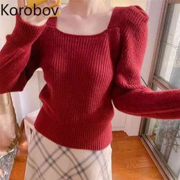 Korobov Autumn Women Square Collar Korean Pullovers Sweet Long Sleeve Sweaters Vintage Preppy Style Sueter Mujer 210430