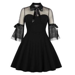 Women Black Dress Patchwork See Through Mesh Half Sleeve With Bowtie Collar Female A Line Summer Fashion Party Celebrate Robes 210416