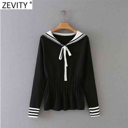 Women Preppy Style Colour Matching Bow Tie Knitting Sweater Female Chic Elastic Waist Ruffles Pullovers Tops S637 210416
