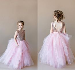 2021 fashion Rose gold Sequin Pink Tulle Flower Girls Dresses For Wedding Ruffles A line Jewel Neck V Backless Long First Communion Dress