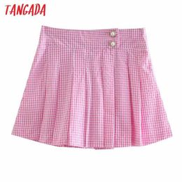 Tangada Women Pink Plaid Pleated Skirts Faldas Mujer Golden Buttons Female Mini Skirt 3D18 210609