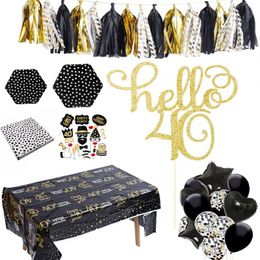 Disposable Dinnerware Omilut 40th Birthday Party Decor Anniversary Tableware Set Black Gold Decoration Hello 40 Cake Toppe