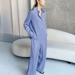 Blue Satin Solid Women's 2 Pieces Suit Loungewear Shirt Tops+wide Leg Pants Ladies Home Suit Wear Loose Casual Trousers Set Chic 210928