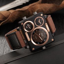 Men's Watches Top Oulm 3595 Unique Designer Men Fashion Square Big Face 3 Time Zone Casual Quartz Watch Wristwatches