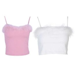 Womens Sexy Spaghetti Strap Feather Fluffy Plush Trim Crop Top Bandeau Camisole Pink, White 210616