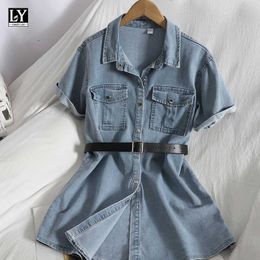LY VAREY LIN Summer Women Casual Single Breasted Pocket Shirt Dresses with Belt Fashion Short Sleeve Denim 210526