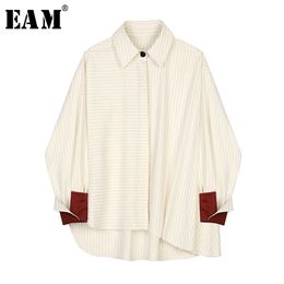 [EAM] Women Beige Striped Split Big Size Blouse New Lapel Long Sleeve Loose Fit Shirt Fashion Tide Spring Autumn 1S388 210410