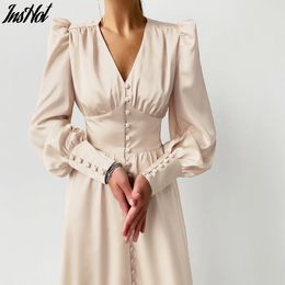 Elegant Single Breasted Sexy Dress Party Club High Waist Satin Long Dress Elegant V Neck Women Midi Chic Dresses Lantern Sleeve 210514