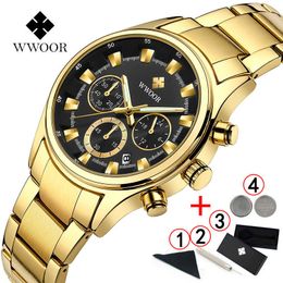 WWOOR Watch Men Luxury Brand Business Casual Wristwatch Mens Stainless Steel Chronograph Men Watches Gold Quartz Clock Men 210527