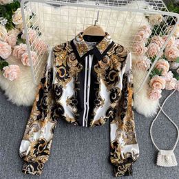 Fashion Spring Dress Temperament Blouse Female Retro Printing Blusa Lapel Puff Sleeve Slim All-match Shirt GK389 210507