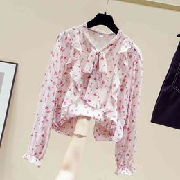 Autumn Women's Bow Flare Long Sleeves Ruffles Floral Chiffon Shirts Girls Ladies Shirt Blouse Tops A4083 210428