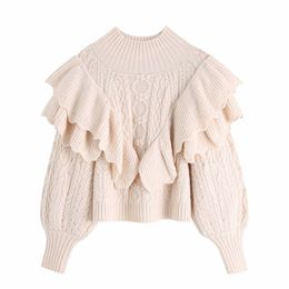 Elegant Women Twist Textured Sweater Fashion Ladies Turtleneck Knitted Tops Sweet Female Chic Cascading Ruffles Pullover 210427