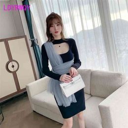 Autumn and winter female sexy hollow mesh stitching slim black knit dress Office Lady Polyester Sheath 210416