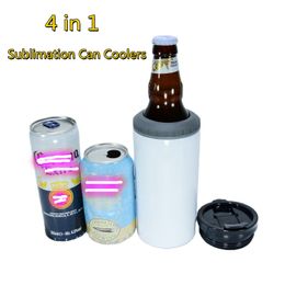 4 in 1 Sublimation Can Coolers mugs with Dual Lids DIY Blanks 16oz Straight Skinny Tumblers Stainless Steel White Cans Cooler 12oz Cola Beer Bottle Insulators