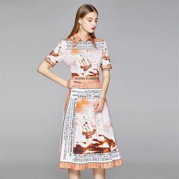 Fashion Pattern Letter Print Dress Women High Waist Single-Breasted Pleated Summer Dress Short Sleeve Vintage Midi Dresses 210514