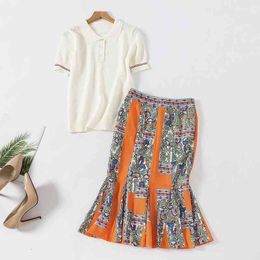 Summer Runway Designer Suit Women Short Sleeve Hollow Out Knitted Pullover Top + Flower Printed Fishtail Midi Skirt Set 210416