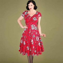 OTEN Halloween Summer skater dress elegant Vintage Red Sugar Skulls Flower print 50s rockabilly Evening Party Plus size Dresses 210409