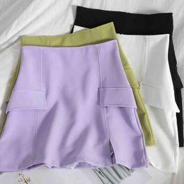 Fashion solid Colour mini skirt female summer korean split temperament package hip high waist casual short trend 210420