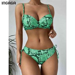 INGAGA Push Up Bikini's Swimsuits Snake Printed Swimwear Sexy Ruched Biquini String Bow Bikini Set Summer Bathing Suits 210722