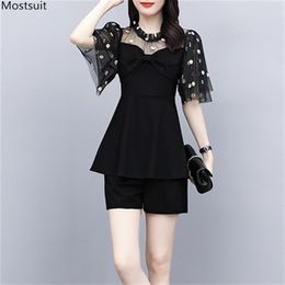 Summer Elegant 2 Piece Set Women Plus Size Shorts Sets Mesh Patchwork Tunic Tops + Elastic Waist Suit Outfits Korean 210513