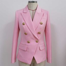 HIGH QUALITY Fashion Designer Blazer Women's Slim Fitting Metal Lion Buttons Double Breasted Jacket Baby Pink 211019