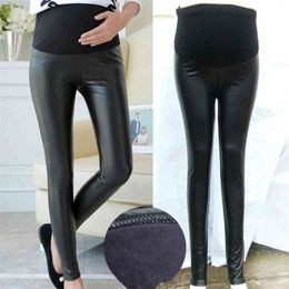 YWHUANSEN PU Leather Pregnant Women's Leggings Autumn Winter Warm Pants For Femme Enceint Plus Thin Velvet Adjustable High Waist 210918