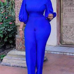 Women Jumpsuits Blue Lantern Sleeves Elegant Office Ladies Work Wear Classy Half High Collar Spring African Fashion Large Size 210416