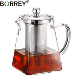 BORREY Square Heat Resistant Glass Teapot With Stainless Steel Infuser Philtre Puer Kettle Clear Pot Cup Sets 210621