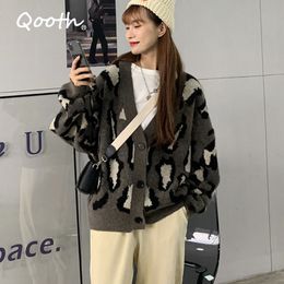 Qooth Winter Thickness Casual Single Breasted Cardigan Women Full Sleeve Loose Leopard Printed Women Clothes Coats QT275 210518