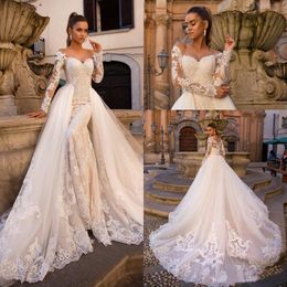 2021 Sexy Champagne Mermaid Wedding Dresses Sweetheart Off Shoulder Illusion Neck Lace Appliques Tulle Detachable Train Overskirts252C