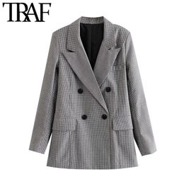 Women Fashion Double Breasted Check Blazer Coat Vintage Long Sleeve Pockets Female Outerwear Chic Tops 210507