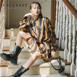Amber Pattern Oversized Shirt Fall Women Clothing Long Sleeve Top And Blouse Brown Designer 210427