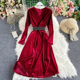 Casual Dresses HISUMA 2021 Spring Women Deep V-neck Long Sleeve Bright Silk Velvet Fairy Dress Female Elegant Waist A-line